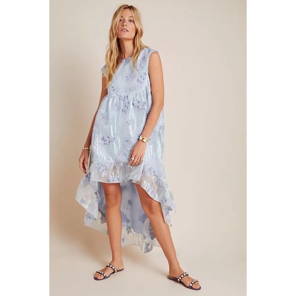 💕 ANNA SUI ruffled jacquard maxi dress for Anthropologie blue metallic high low - Picture 2 of 5
